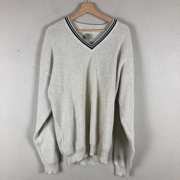 Eddie Bauer Other - EDDIE Bauer Sweater Cream Knit Varsity Stripe V Pullover Casual Sz X Large Tall